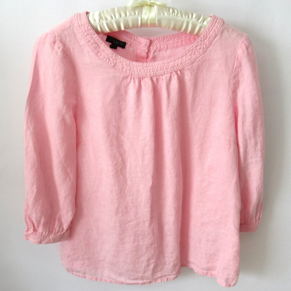 Talbots pink linen scoop neck back button 3/4 sleeve popover top *Sz MP*